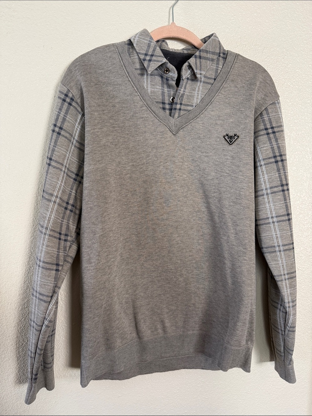 Manfinity Men's Grey V-Neck Layered Sweater with Faux Plaid Shirt Detail Size L
